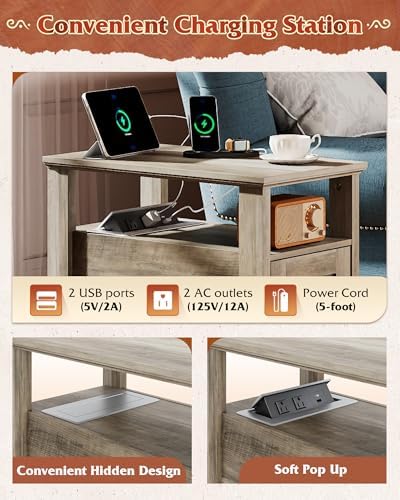 WLIVE Farmhouse End Table with Charging Station, Narrow Side Table with Storage, Small Nightstand with USB Ports and Outlets ，Bedside Cabine for Bedroom, Living Room,Greige - Image 4