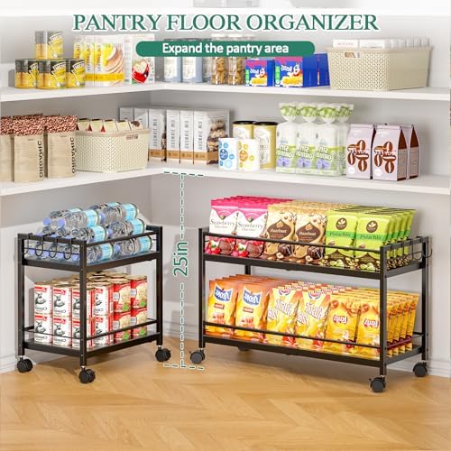 2-Tier Expandable Rolling Pantry Cart with Wheels, Adjustable Floor Organizer for Kitchen Pantry, Can Organizer for Pantry, Storage Cart for Snack, Food, Vegetables, Black, Patent Pending - Image 4