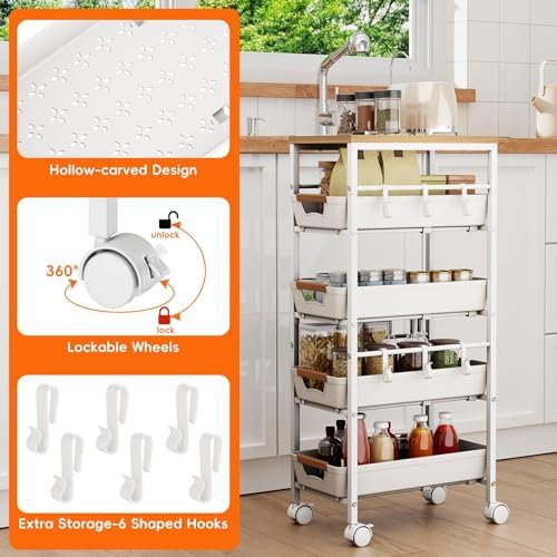 5-Tier Kitchen Storage Cart, Wood Top Rolling Cart Organizer with Pull-Out Baskets & Wheels, Metal Snack Cart with Holder for Fruit, Vegetable, Microwave, Kitchen, Pantry, White - Image 6