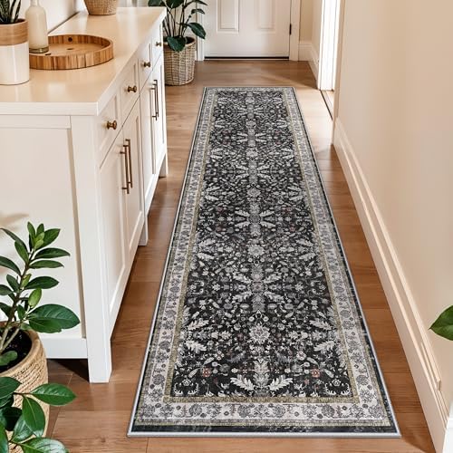 2x8ft Kitchen Rug Runners Washable Non Slip – Boho Floral Carpet Runner for Hallway, Bathroom, Bedroom, Entryway – Soft Low-Pile Thin Long Kitchen Floor Rug (Black, 2x8) by BYYVOORugsforYourHome