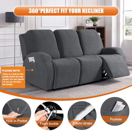 VANSOFY Stretch Recliner Couch Cover, Slipcover, Charcoal Gray, 3 Seater - Image 6