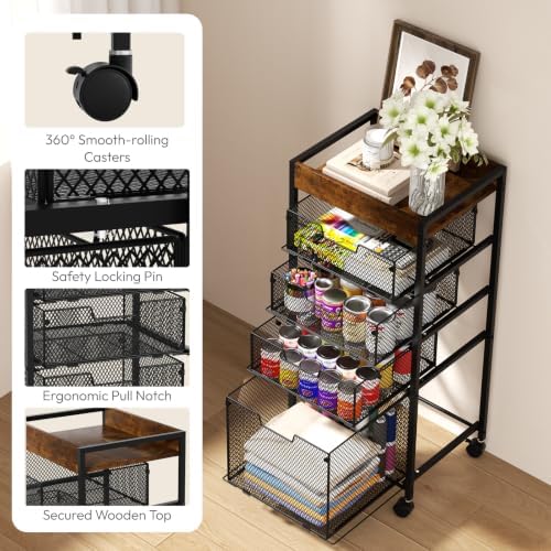 SWTYMIKI Rolling File Cart with Drawers - 5 Tier Art Craft Rolling Organizer Cart - Office Storage &Organization, Mobile Metal File Cabinet for Office and Home Espresso - Image 3