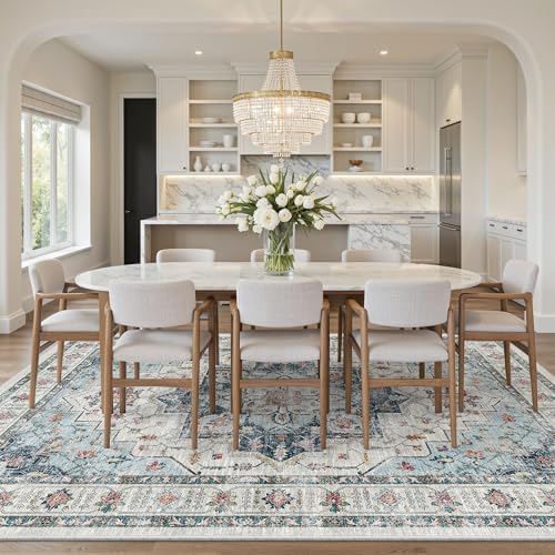 Madane 8x10 Area Rugs for Living Room, Non-Slip Vintage Washable Rug, Blue - Image 4