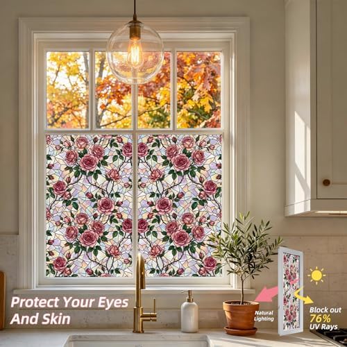 Window Privacy Film Stained Glass, 6 Pcs Pink Rose Static Cling Window Privacy Films Decals with Installation Tools, Rainbow Film Stickers for Home Kitchen Bathroom Glass Door 17.7 x 78.7 inches - Image 2