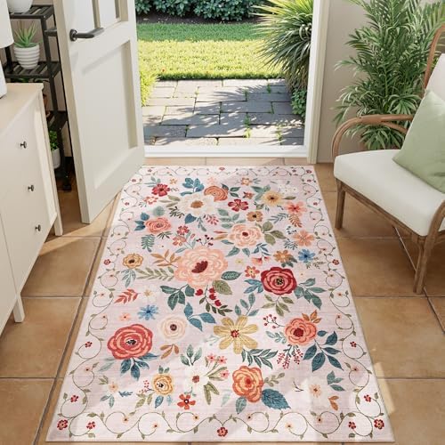 DUKINO 3x4 Area Rug, Floral Washable Rug for Kitchen Non Slip, Beige - Image 4