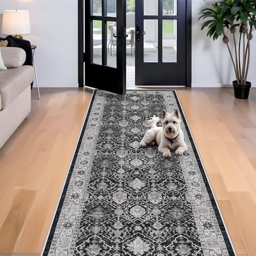 Washable 4x12 Hallway Runner Rug: Vintage Soft Carpet for Living Room Bedroom Stain Resistant Area Rug with Non-Slip Backing for Entryway Kitchen Thin Floor Mat for Bathroom Dining Room(Black,4x12) - Image 2