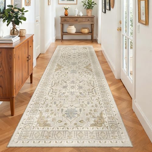 Madane Hallway Runner 3x8, Kitchen Rugs Washable Entry Rug, Beige/Blue - Image 2
