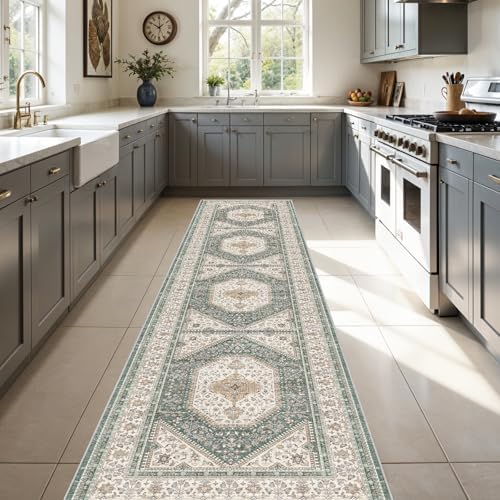 3x12 Washable Hallway Runner Rug - Non-Slip Wide Vintage Rugs Green Beige by Puino