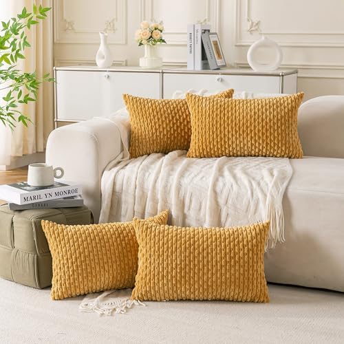 Set of 4 Mustard Yellow Decorative Throw Pillow Covers 12x20 Inch Corduroy Pillow Covers for Bed Couch Sofa Living Room Soft Cushion Cases by Cozoomy