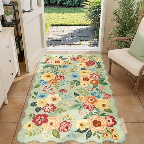 DUKINO 3x5 Area Rugs, Non Slip Floral Washable Rug for Bedroom, Green by DUKINO