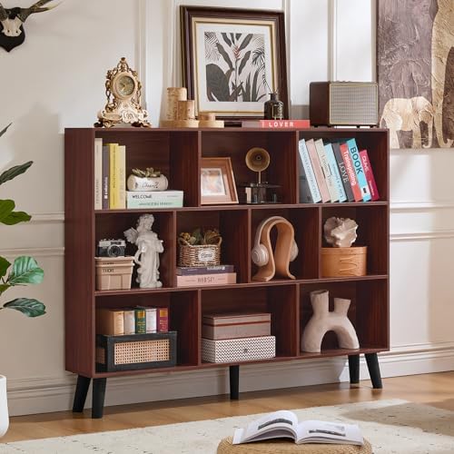 LEYAOYAO 10 Cube Bookshelf, Mid-Century Modern Book Shelf with Legs, Walnut - Image 4