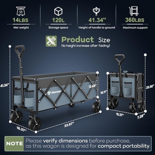 HIKEMOON 34'' Extra Long Folding Portable Wagon, 120L 360LBS Blue & Grey - Image 2