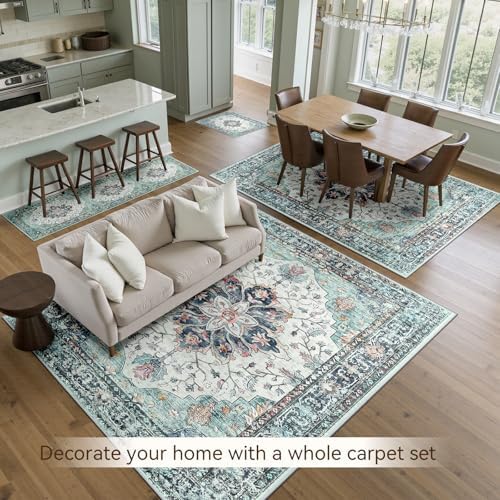 RELEANY Washable Area Rug, Runner 2'x8', Teal Green/White/Navy - Image 4
