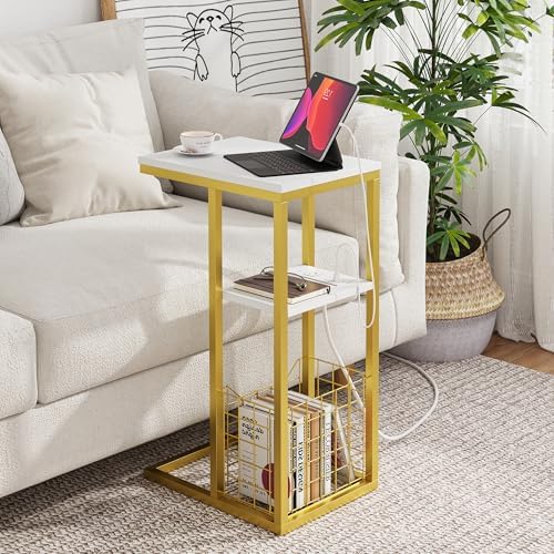 Vagusicc C Shaped End Table with Charging Station, Side Table for Couch, Small Side End Table for Small Spaces, 28" High Slide Under Sofa Table for Coffee, Tv Tray Table for Living Room, Golden - Image 2