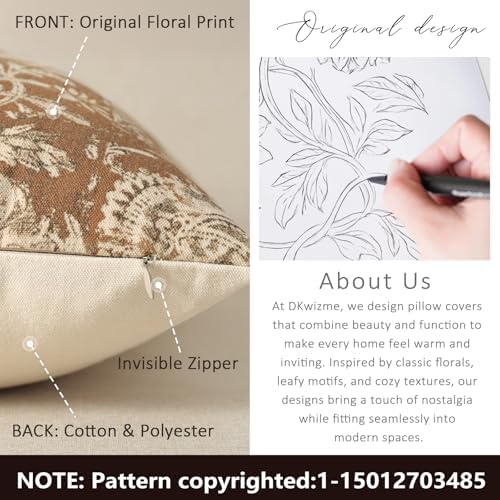 Vintage Floral Print Throw Pillow Covers 22x22 Set of 2 Neutral Modern Farmhouse Accent Decorative Cushion Covers Boho Home Decor for Couch Sofa Chair Bed Living Room, Cognac - Image 3
