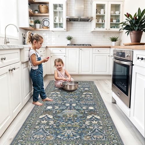 4x8 Washable Kitchen Area Rug: Farmhouse Stain-Resistant Elegant Floral Rug for Living Room Bedroom Wide Soft Carpet for Entryway Bathroom Thin Hallway Floor Mat with Non Slip Backing(4x8,Floral/Blue) - Image 5