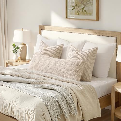 MIULEE Lumbar Corduroy Throw Pillow Cover for Bed 14x36 Cream White - Image 2