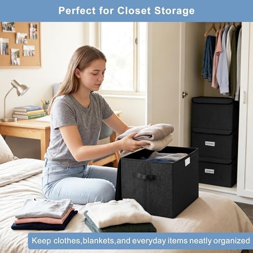 Bagnizer Large 22 Quart Linen Fabric Foldable Storage Bin Cube Organizer Basket with Flip-Top Lid & Handles, Clothes Blanket Box for Home, Office, Closet, Black, 4 Pack 14.6 x 9.5 x 9.5” - Image 3