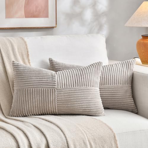 Fancy Homi 2 Packs Neutral Taupe Lumbar Decorative Throw Pillow Covers 16x26 Inch for Living Room Couch Bed Sofa, Farmhouse Home Decor, Soft Striped Corduroy Rectangle Accent Cushion Case 65x40 cm by Fancy+Homi