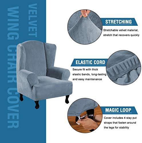 H.VERSAILTEX Wingback Chair Covers Velvet Plush Wing Chair Slipcover 1 Piece High Stretch Wing Back Chair Slipcovers Sofa Cover Furniture Cover with Elastic Bottom, Stone Blue - Image 2