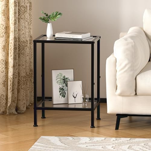 Glass Side Table, Tempered Glass End Table, 2-Tier Nightstands with Open Shelves, Small Coffee Table with Modern Style, Accent Table Small Table Sofa Table for Living Room, Bedroom,Black - Image 4