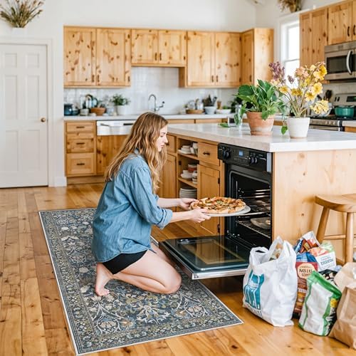 3x6 Washable Entryway Area Rugs: Vintage Easy to Clean Kitchen Rug Runner Soft Non Slip Floor Mat Indoor Farmhouse Carpet for Bathroom Living Room Bedroom Printed Hallway Runners(3x6 Floral/Blue) - Image 3