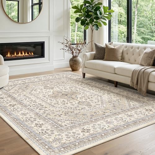 6x6 Square Washable Area Rug - Non-Slip Vintage Living Room Rugs Beige Gray - Image 3
