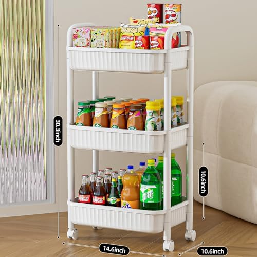 JOYZAN 3 Tier Rolling Carts with Wheels, Utility Cart with Handle and Locking Caster, Storage Cart for Kitchen, Office, Bedroom, Suitable for Diaper, Art Tools, Snack, Craft Storage Cabinet, White - Image 6