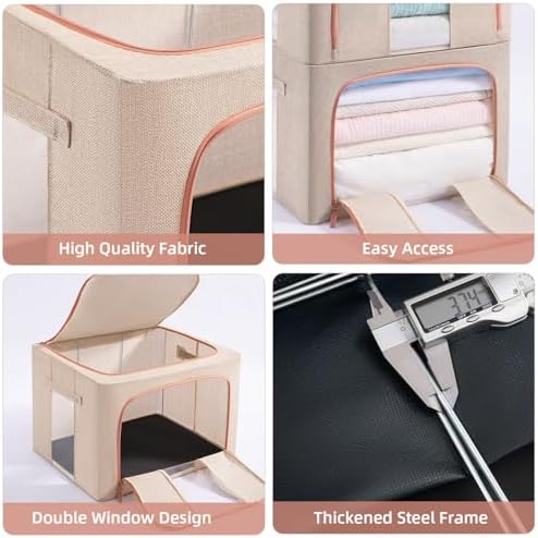 GuliPostan 3 Pack 66L Stackable Clothes Storage Bins with Metal Frame Handles & Zipper, Collapsible Closet Organizer Box with Lid for Bedding Blankets Towel (Beige) - Image 3