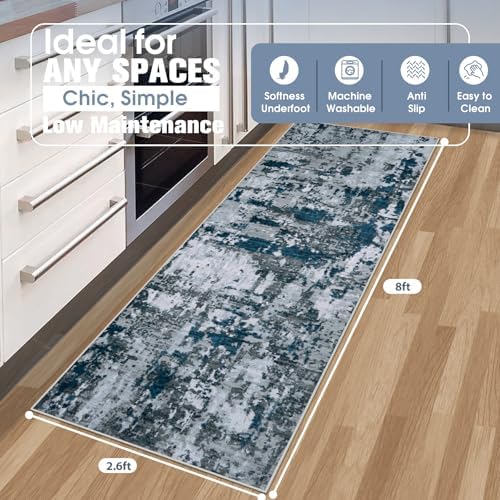 Aelenmu Runner Rugs for Hallways Kitchen 2.6x8 Non Slip Washable Navy Grey - Image 2