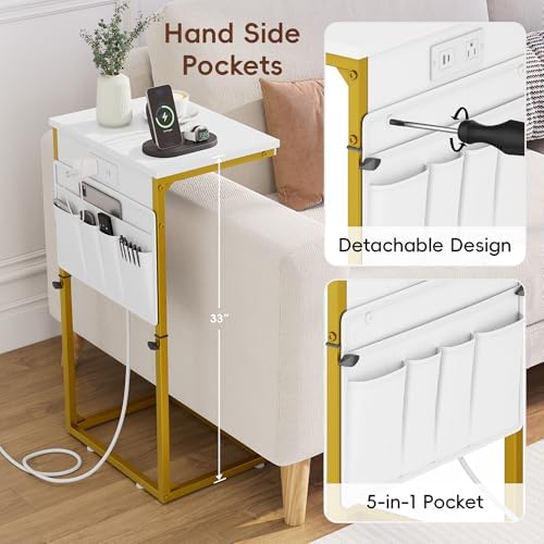 Vagusicc C-Shaped End Table with Charging Station, Small Side Table for Couch, 33" Tall C Table Adjustable Height Side Table, Couch Tables that Slide Under, Sofa Table TV Tray for Living Room, Golden - Image 6