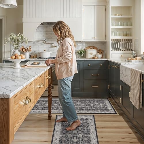 Kitchen Sink Rugs Set 0f 2: Washable Non-Slip Hardwood Floor Mat for Stove Dishwasher Fronts Soft Stain Resistant Carpet for Cooking Area & Fridge Boho Home Decor for High Traffic Area(2x3+2x4,Black) - Image 2