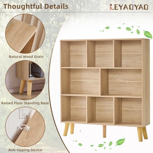 LEYAOYAO 8 Cube Bookshelf,Mid-Century Modern Bookcase with Legs,Light Wood - Image 5