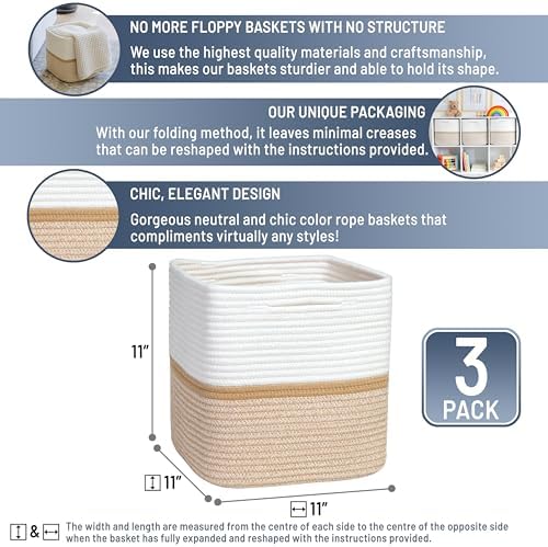 NaturalCozy Storage Cubes 11 Inch Cotton Rope Woven Baskets for Organizing, 3-Pack | Cube Storage Bin | Square Storage Baskets for Shelves Organizer, Classroom, Kids Toy Bins, Closet, Baby Nursery - Image 2