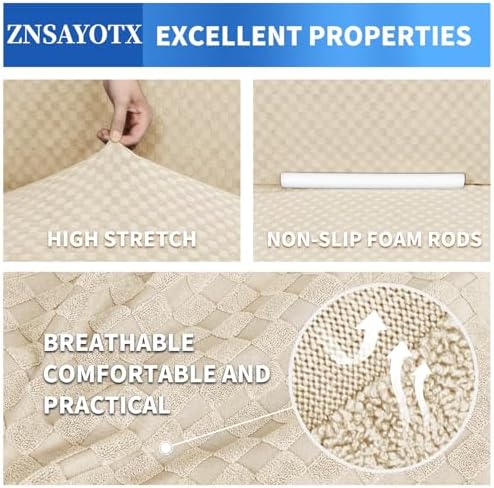 ZNSAYOTX 1 Piece Jacquard Couch Covers for 2 Cushion Couch High Stretch Loveseat Slipcover for Pets Dogs Anti Slip Love Seat Sofa Slipcover Furniture Protector (Loveseat, Light Beige) - Image 4