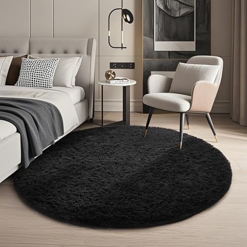 Ophanie Round Rug 4Ft Black Circle Area Rug, Room Decor for Men, Fluffy Fuzzy Bedroom Carpet, Plush Soft Shaggy Living Room Rugs for Kids Home Aesthetic, Nursery with 99 pcs Pile fibers by Ophanie