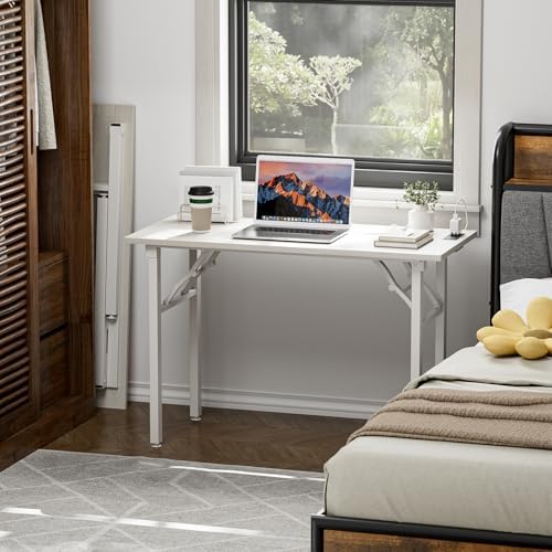 TEMI Small Computer Desk Folding Table - No Assembly, Compact 43.3" Foldable Desk with Power Outlets & USB Charging Port, Portable Small Office Desk, Ideal Mini Study Table for Narrow Spaces,White Ash - Image 2