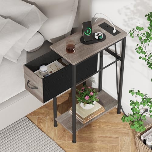 Vagusicc End Table with Charging Station, Narrow Side Table Nightstand with Fabric Drawer, Slim Nightstand for Bedroom, Small Bedside Table, Slim Sofa Side Table for Small Spaces, Greige - Image 5