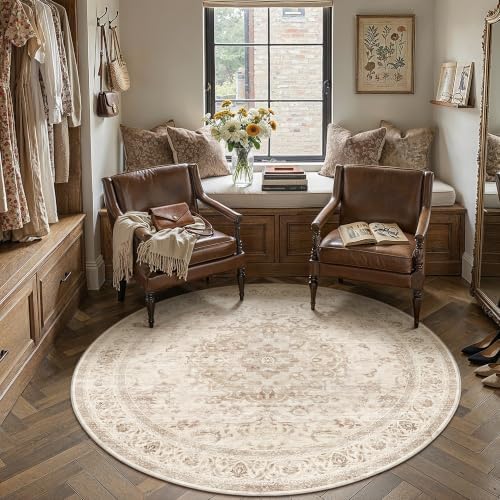 5R Beige Washable Round Rug Non Slip Vintage Carpet - Image 2