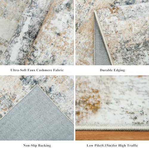 10x10 ft Square Living Room Rug – Washable Modern Abstract Area Rug for Bedroom, Dining Room, Playroom – Neutral Non-Slip Low-Pile Thin Indoor Carpet (Gold Grey) - Image 4