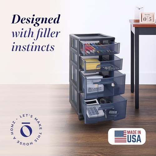 HOMZ Drawer Tower, 4-Tier Storage Cart with Removable Wheels, Black Frame - Image 4