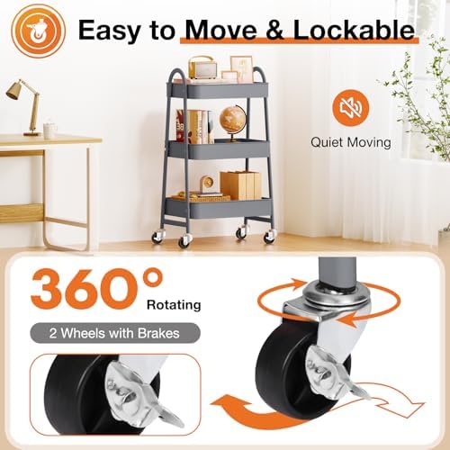 NEWBULIG 3-Tier Metal Rolling Cart with Lockable Wheels, Heavy Duty Mobile Utility Storage Shelf, Roller Book Snack Cart, Grey - Image 3