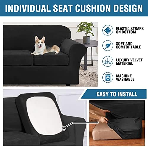 H.VERSAILTEX Real Velvet Plush 3 Piece Stretch Sofa Covers Couch Covers for 2 Cushion Couch Sofa Slipcovers Width Up to 90 Inch Feature Thick Soft Stay in Place (Large Sofa, Black) - Image 6