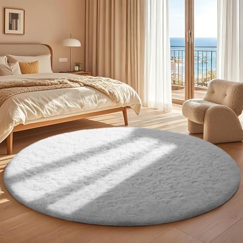 Ophanie Round Rug 5Ft White Circle Area Rug, Aesthetic Room Decor, Fluffy Fuzzy Bedroom Carpet, Plush Soft Shaggy Living Room Rugs for Kids Home Decor, Nursery with Over 99 pcs Pile fibers - Image 5