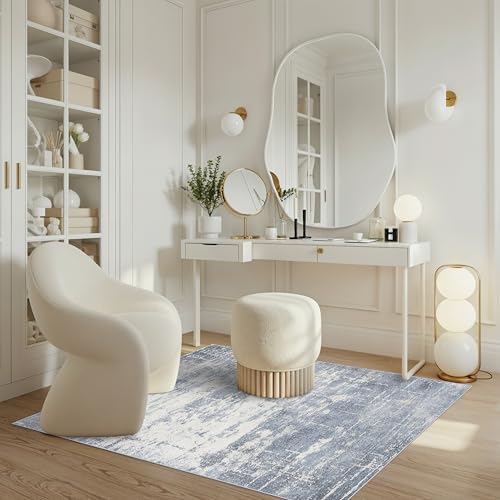 Washable 3x4 Kitchen Area Rugs: Abstract Stain-Resistant Sink Rug Non-Slip Durable Doormat Soft Bedroom Nursery Besides Carpets Indoor Water-Resistant Bathroom Floor Mat for Family(3x4,Blue/Ivory) - Image 2