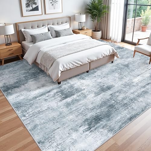 12x12ft Square Living Room Rug – Non-Slip Washable Extra Large Floor Carpet for Bedroom, Dining Room, Playroom Room – Modern Abstract Neutral Thin Low-Pile Big Indoor Rug (Misty Blue Gray) - Image 3