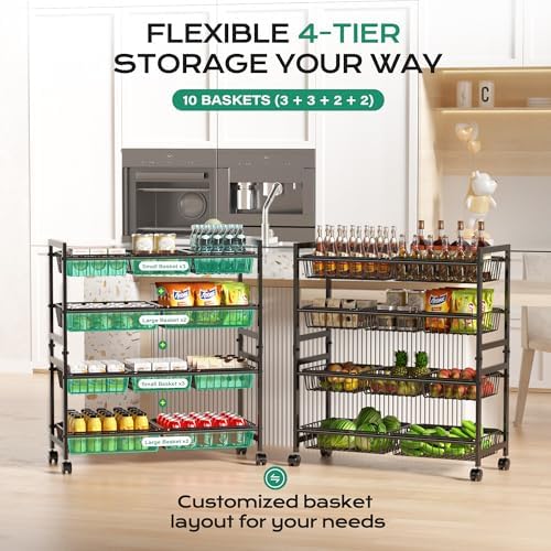 Cinati 4-Tier Snack Cart with Wheels, 29''W Toy Storage Organizer, Rolling Pantry Storage Cart with 10 Wire Baskets & Handle,Adjustable Metal Snack Rack, Kitchen Organizer for Fruit, Vegetables(Black) - Image 5