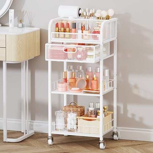 HapiRm Makeup Organizer Storage Cart - 4 Tier Skincare Make Up Storage with Drawer, Rolling Makeup Cart Vanity Organizer Cosmetics Display Cases Holder for Skin Care Perfume Nail Polish Brush - Image 2