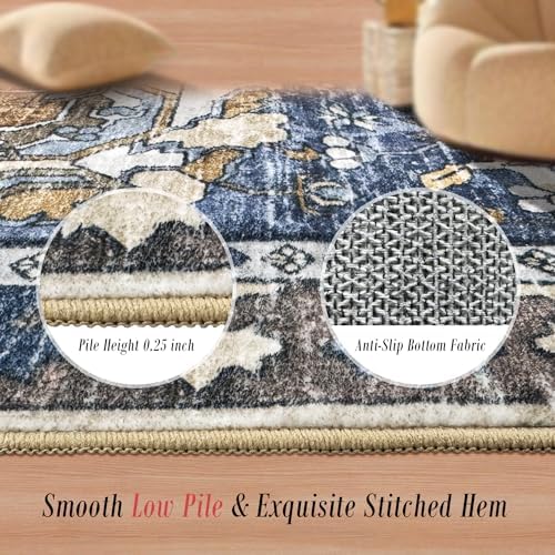 RUGSURE Washable Area Rugs - Perfect for Living Room, Bedroom, Kids Room, Nursery - Stain & Water Resistant Non-Slip, Pet & Child Friendly, Vintage Tribal Area Rugs (Navy, 6' x 9') - Image 3