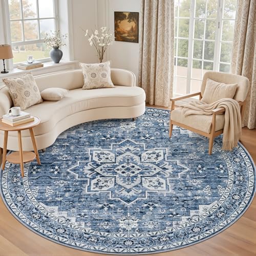 Round Area Rug for Living Room: 8ft Washable Rug for Bedroom Blue by EXPEDIX